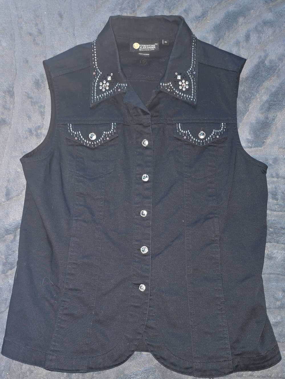 Christine Alexander Black Sleeveless Embellished Button-Down Denim Vest